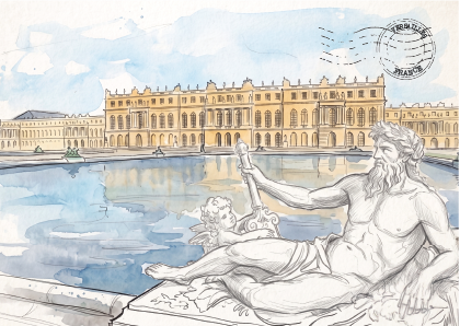 Watercolour and ink illustration postcard of the Palace of Versailles with its reflecting pool, plus a white marble statue in the foreground. A postmark is visible in the upper right.