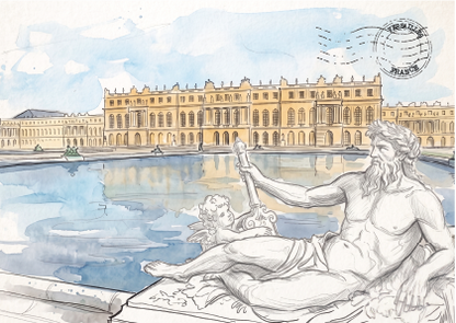 Watercolour and ink illustration postcard of the Palace of Versailles with its reflecting pool, plus a white marble statue in the foreground. A postmark is visible in the upper right.