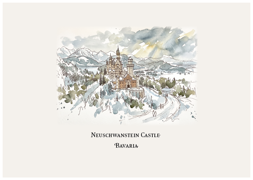 A watercolour-style art print featuring Neuschwanstein Castle in Bavaria, shown with snowy mountains, trees, and a winding road. The print has a cream background with the text 'NEUSCHWANSTEIN CASTLE' and 'BAVARIA' printed below.