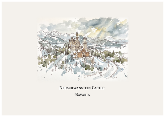 A watercolour-style art print featuring Neuschwanstein Castle in Bavaria, shown with snowy mountains, trees, and a winding road. The print has a cream background with the text 'NEUSCHWANSTEIN CASTLE' and 'BAVARIA' printed below.