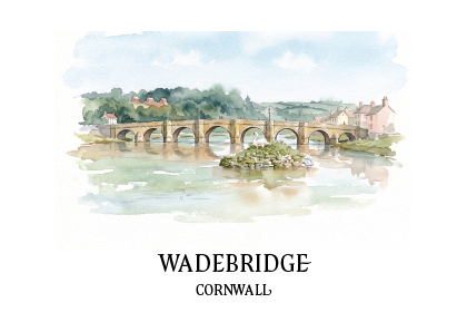 white a6 postcard with an original watercolour illustration of the medieval bridge at Wadebridge, Cornwall, with a swan on the River Camel