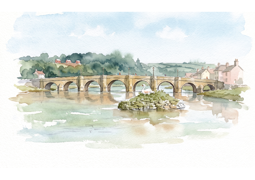 Watercolour painting of Wadebridge with an arched stone bridge over a river, with a swan on a bank in the river , trees, houses, and a pale sky in soft pastel tones.