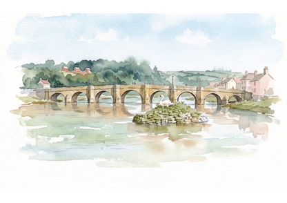 Watercolour painting of Wadebridge with an arched stone bridge over a river, with a swan on a bank in the river , trees, houses, and a pale sky in soft pastel tones.