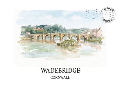 A watercolor-style postcard or print showing Wadebridge, Cornwall, with a painted stone bridge over calm water, trees, and a few buildings. The card has a white border, a circular postmark at the top right, and the text 'WADEBRIDGE CORNWALL' centered below the illustration.