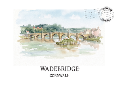 A watercolor-style postcard or print showing Wadebridge, Cornwall, with a painted stone bridge over calm water, trees, and a few buildings. The card has a white border, a circular postmark at the top right, and the text 'WADEBRIDGE CORNWALL' centered below the illustration.