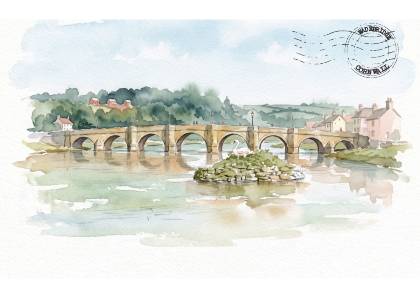 Watercolor painting of a stone bridge over a river, with trees, buildings, and a postmark in the sky.