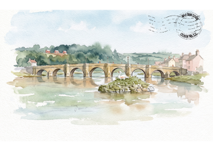 Watercolor painting of a stone bridge over a river, with trees, buildings, and a postmark in the sky.