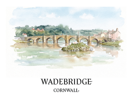 Original watercolour illustration of the medieval bridge at Wadebridge, Cornwall, with a swan on the River Camel