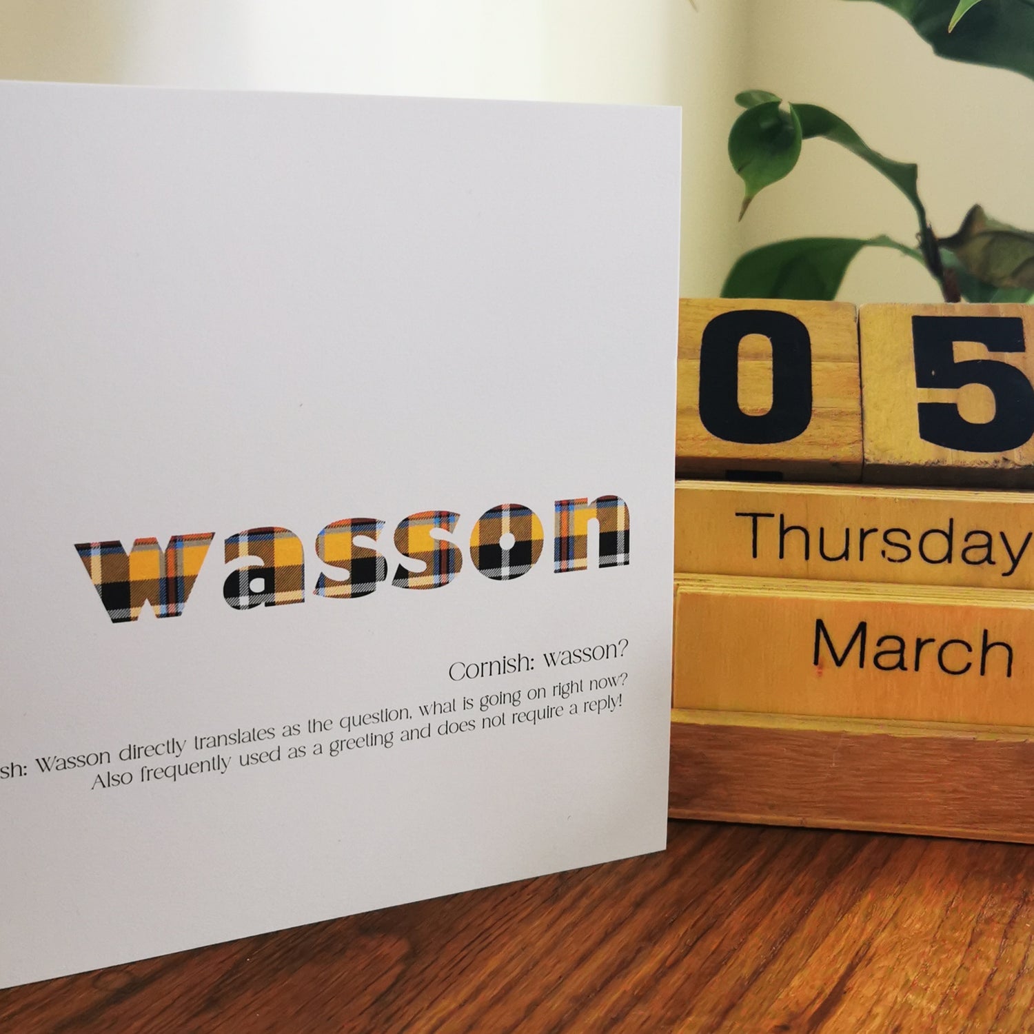 Wasson Cornish dialect greeting card with tartan typography, by Ella's Adventures
