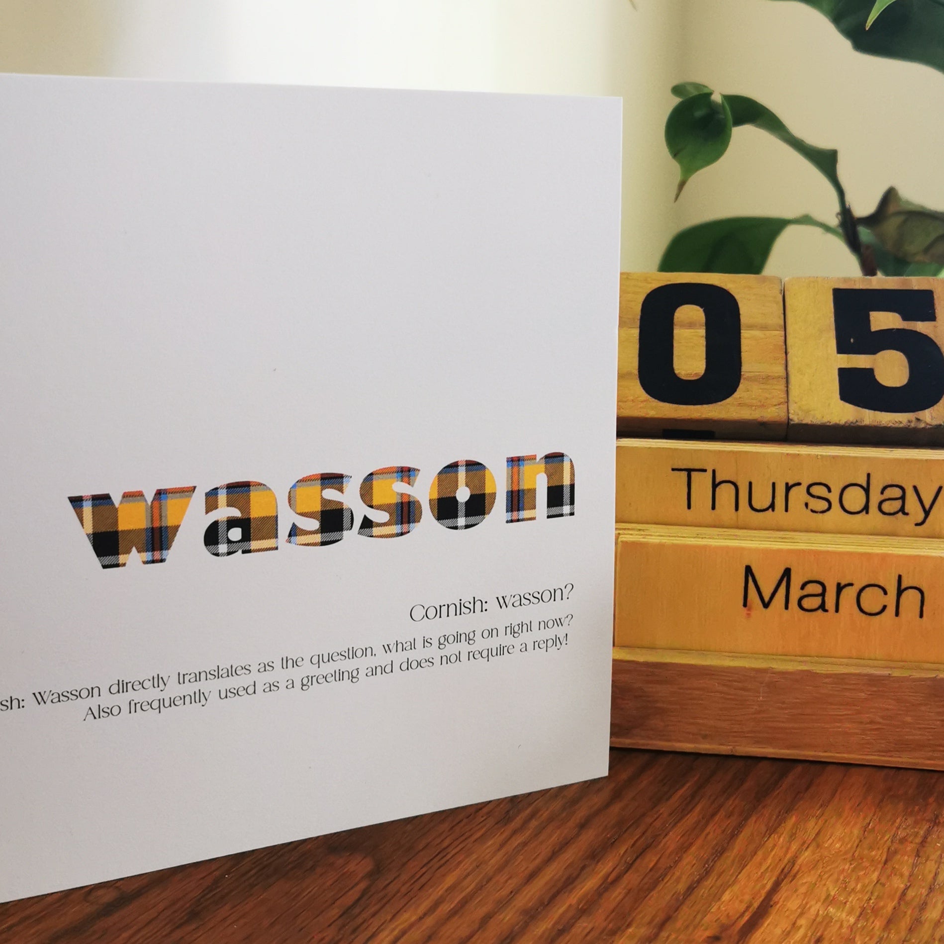 Wasson Cornish dialect greeting card with tartan typography, by Ella's Adventures