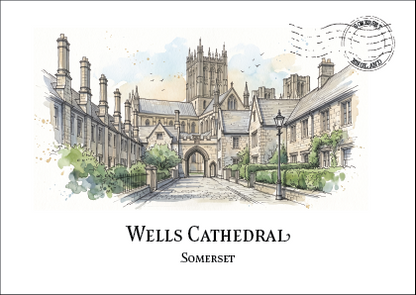 A watercolour-style illustration of Wells Cathedral in Somerset, shown as a printed postcard with the text 'Wells Cathedral' and 'Somerset' below, plus a circular postmark in the upper right.