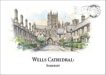 A watercolour-style illustration of Wells Cathedral in Somerset, shown as a printed postcard with the text 'Wells Cathedral' and 'Somerset' below, plus a circular postmark in the upper right.