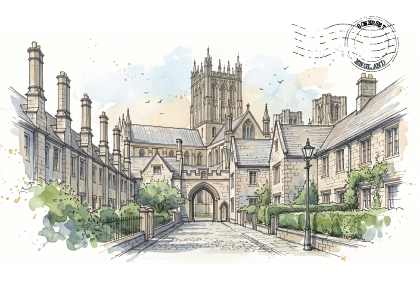 Watercolour-style illustration of a historic stone courtyard with a cathedral tower in the background, shown as a print or artwork on a white field with a faint circular stamp graphic in the upper right.