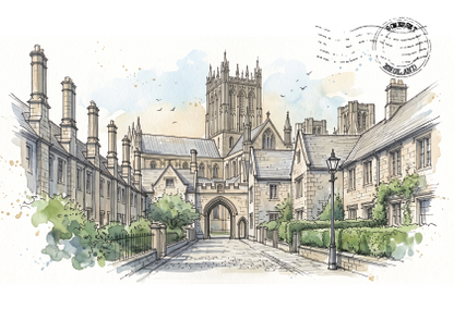 Watercolour-style illustration of a historic stone courtyard with a cathedral tower in the background, shown as a print or artwork on a white field with a faint circular stamp graphic in the upper right.