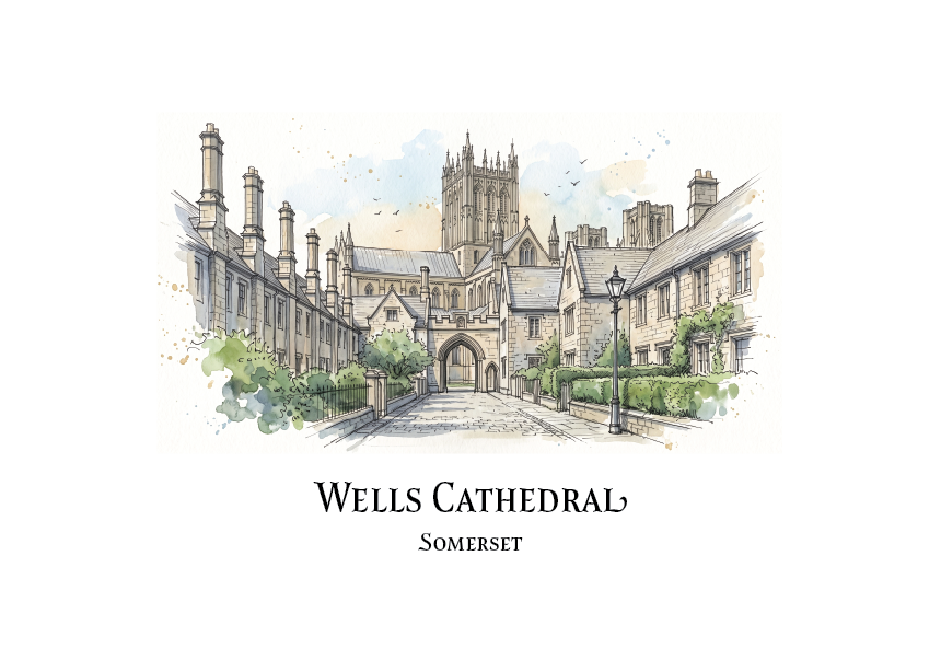 A watercolour-style illustration of Wells Cathedral in Somerset, shown with the text 'WELLS CATHEDRAL' and 'SOMERSET' below on a white background.