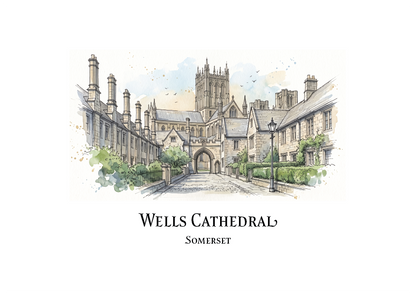 A watercolour-style illustration of Wells Cathedral in Somerset, shown with the text 'WELLS CATHEDRAL' and 'SOMERSET' below on a white background.