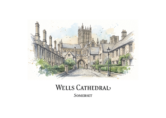 A watercolour-style illustration of Wells Cathedral in Somerset, shown with the text 'WELLS CATHEDRAL' and 'SOMERSET' below on a white background.