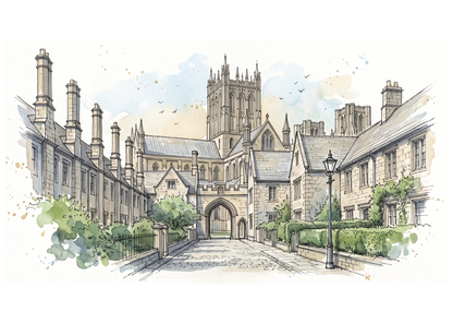 Watercolour-style illustration of a historic stone courtyard with Wells cathedral in the background, flanked by tall chimneys and buildings, with a lamp post in the foreground.