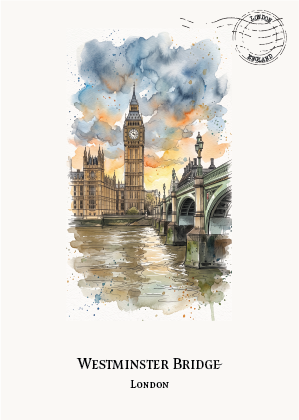 Watercolour-style postcard print of Tower Bridge in London, with the text 'WESTMINSTER BRIDGE' and 'LONDON' below, on a warm off-white background. A faint circular postmark graphic appears near the top right.