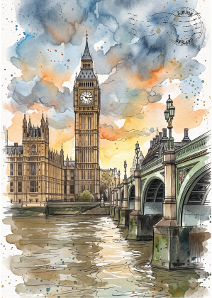 Watercolour-style illustration postcard of London featuring Big Ben and the Houses of Parliament beside the Thames, with Westminster Bridge in the foreground and a cloudy sky with warm sunset tones.