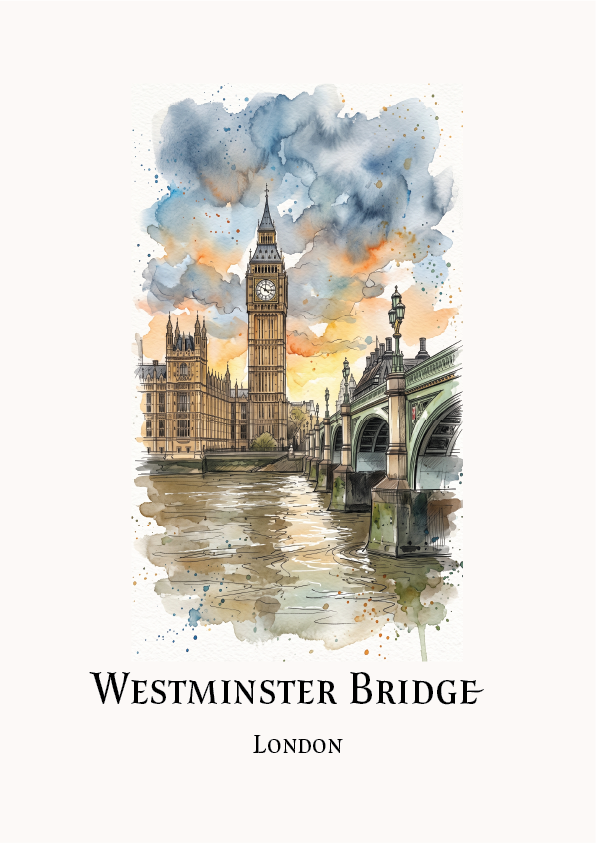 Watercolour-style travel art print of Westminster Bridge in London, featuring Big Ben and the bridge over the Thames with the text 'WESTMINSTER BRIDGE' and 'LONDON' below, on an off-white background.