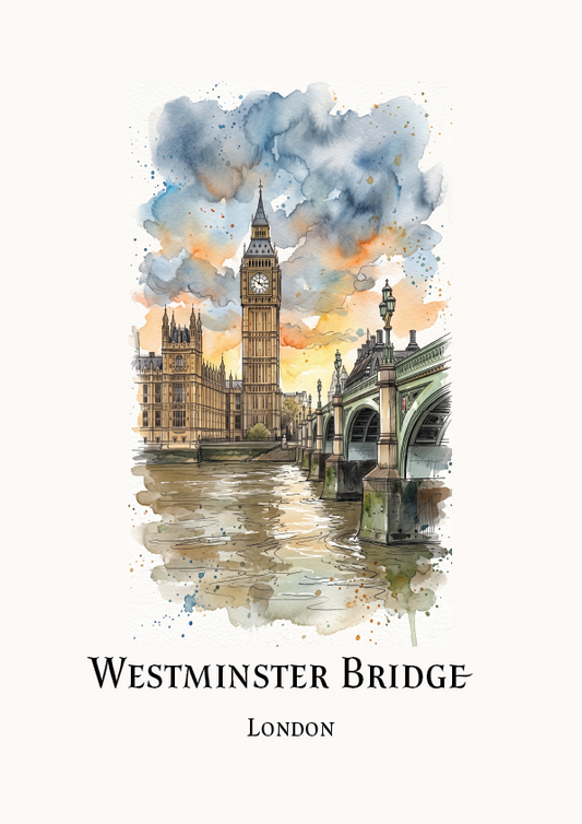 Watercolour-style travel art print of Westminster Bridge in London, featuring Big Ben and the bridge over the Thames with the text 'WESTMINSTER BRIDGE' and 'LONDON' below, on an off-white background.