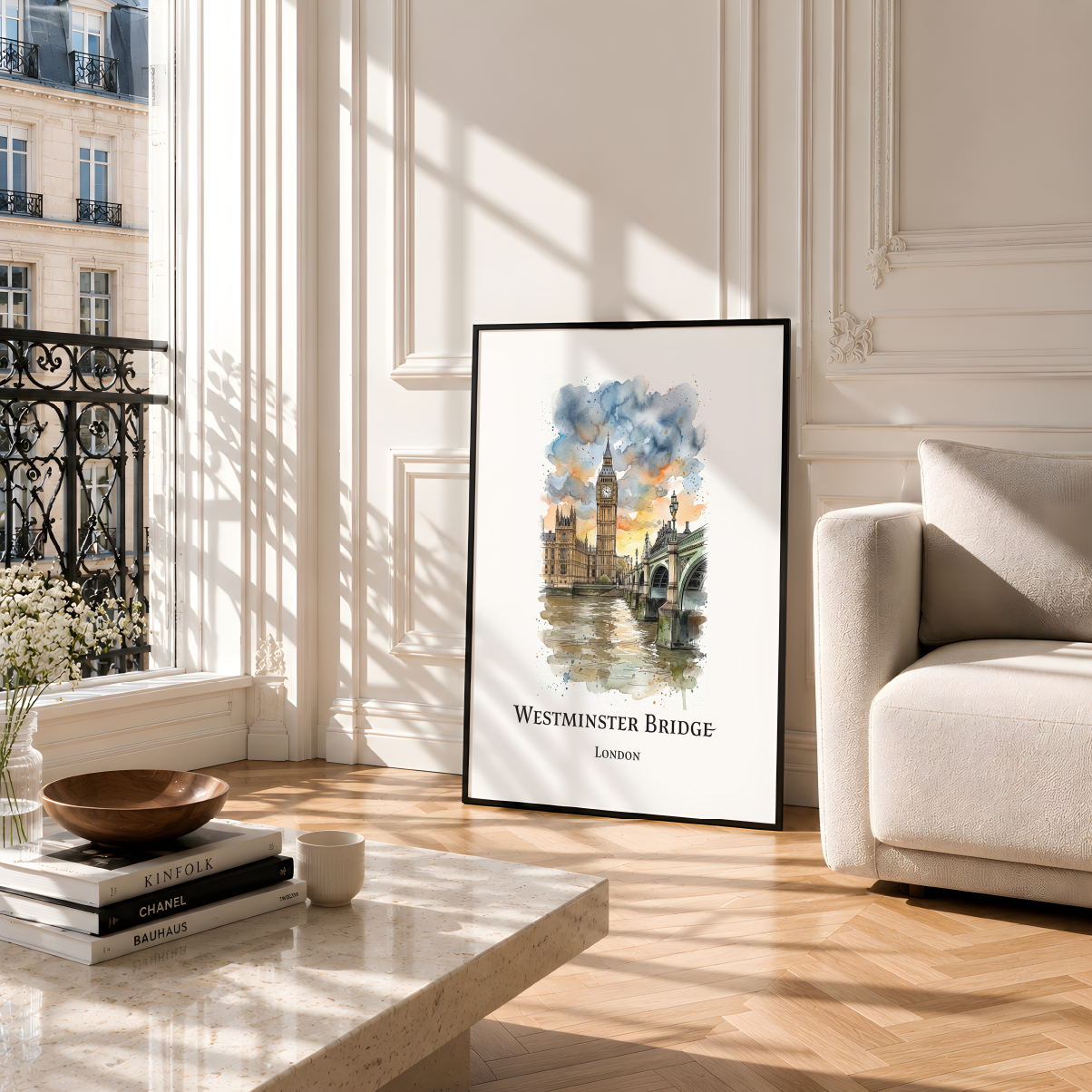 A framed art print of Westminster Bridge, London, leaning against a white paneled wall in a bright, modern living room with a marble coffee table and a beige armchair.