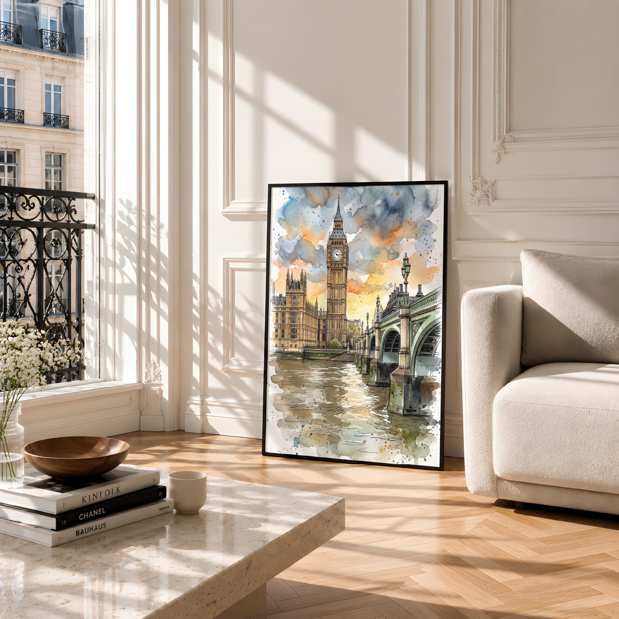 A framed watercolour painting of London, featuring Big Ben and Westminster Bridge over the Thames, displayed in a bright, modern living room next to a beige armchair and a marble coffee table.