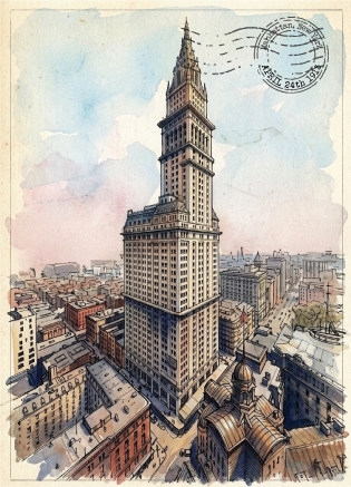 watercolour Illustration of the tallest building FW Woolworth in  New York in an urban setting with a vintage postmark 24th April 1913.