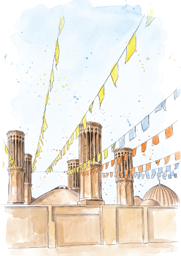 Watercolour-style travel art print of Yazd, Iran, showing beige domed buildings and minaret style cooling towers under a pale blue sky with yellow and multicolor hanging flags on a white background