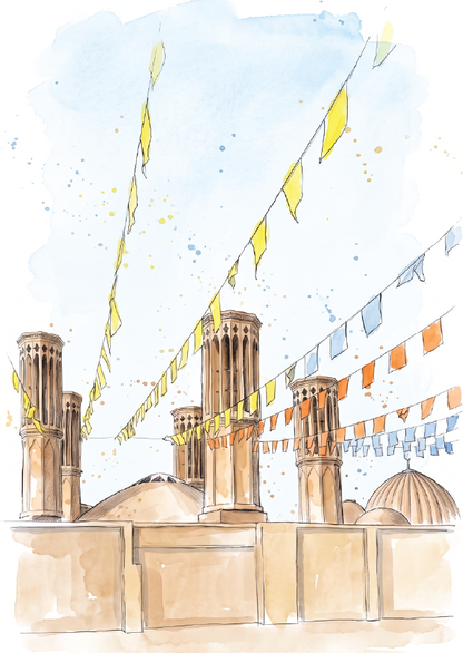 Watercolour-style travel art print of Yazd, Iran, showing beige domed buildings and minaret style cooling towers under a pale blue sky with yellow and multicolor hanging flags on a white background
