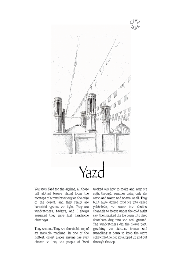 A black and white art print titled 'Yazd' featuring architectural illustrations of traditional Persian windcatchers and a building, accompanied by descriptive text below.