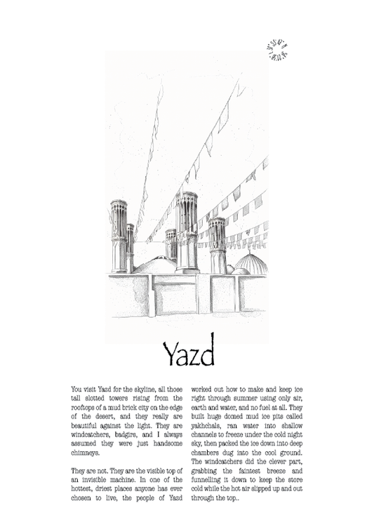 A black and white art print titled 'Yazd' featuring architectural illustrations of traditional Persian windcatchers and a building, accompanied by descriptive text below.