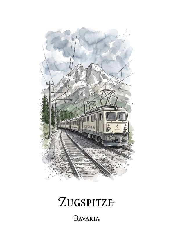 A watercolour-style travel illustration of a Bavarian electric train on tracks with mountains in the background, captioned 'ZUGSPITZE' and 'BAVARIA' on a white background.