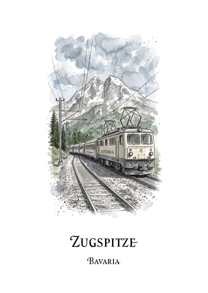A watercolour-style travel illustration of a Bavarian electric train on tracks with mountains in the background, captioned 'ZUGSPITZE' and 'BAVARIA' on a white background.