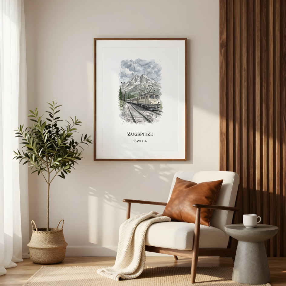 A framed art print featuring a vintage illustration of the Zugspitze mountain train station in Germany, styled in a modern, sunlit living room next to a wooden chair and a potted plant.