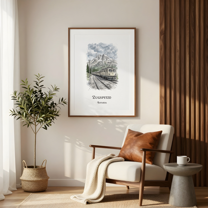 A framed art print featuring a vintage illustration of the Zugspitze mountain train station in Germany, styled in a modern, sunlit living room next to a wooden chair and a potted plant.