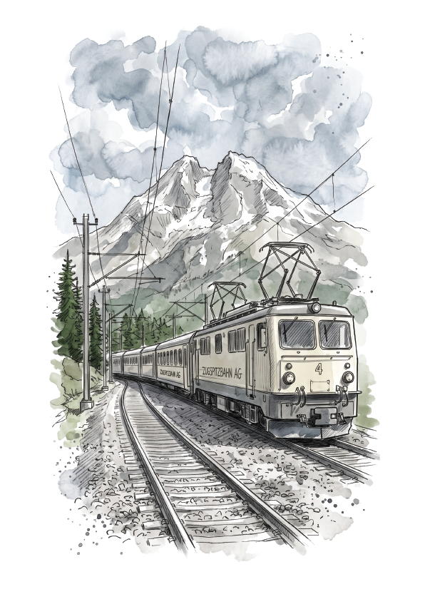 Watercolour-style illustration of Zugspitze passenger train traveling on railway tracks with snow-capped mountains and pine trees in the background.