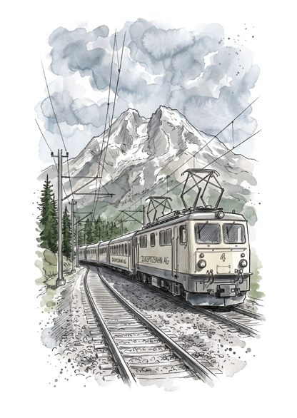 Watercolour-style illustration of Zugspitze passenger train traveling on railway tracks with snow-capped mountains and pine trees in the background.