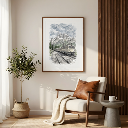 A framed art print depicting the Zugspitze train traveling through mountain tracks, styled in a modern living room setting with a cream armchair, a potted plant, and a side table.