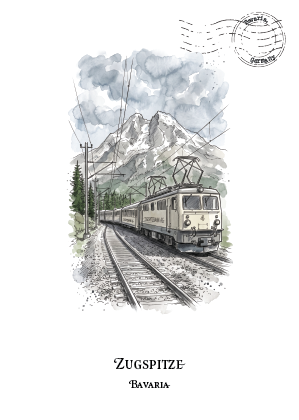 A watercolor-style illustration of the Zugspitze Bavarian electric train travelling along tracks with mountains in the background, presented on a white page with the text 'ZUGSPITZE' and 'BAVARIA' below.