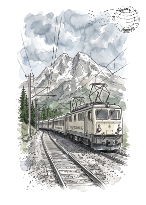 A watercolor and ink illustration of the Zugspitze vintage electric passenger train traveling on tracks, with mountains, trees, and utility poles in the background. A circular postmark graphic appears in the upper right corner.