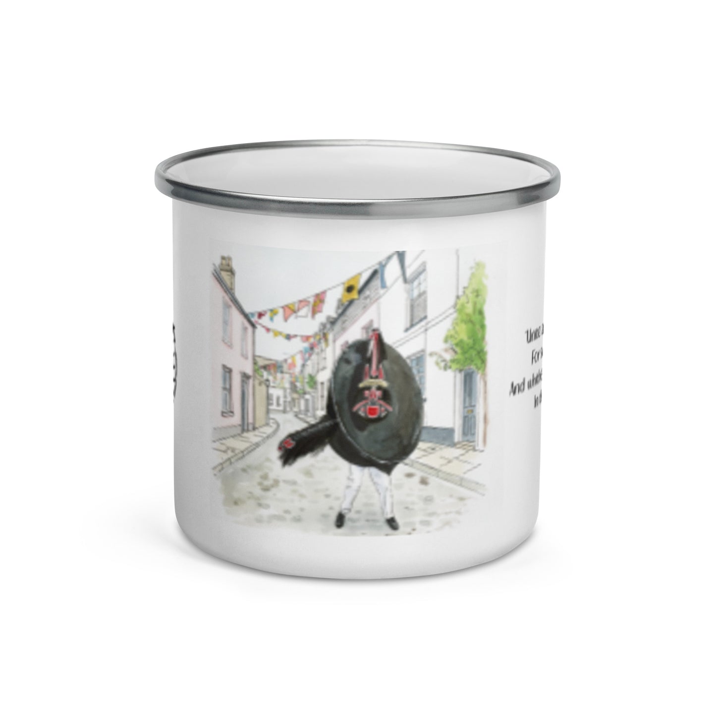 White enamel mug with Red Obby Oss illustration in a Padstow cobbled street
