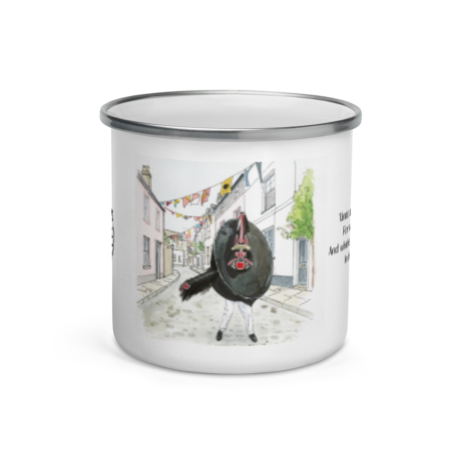 White enamel mug with Red Obby Oss illustration in a Padstow cobbled street