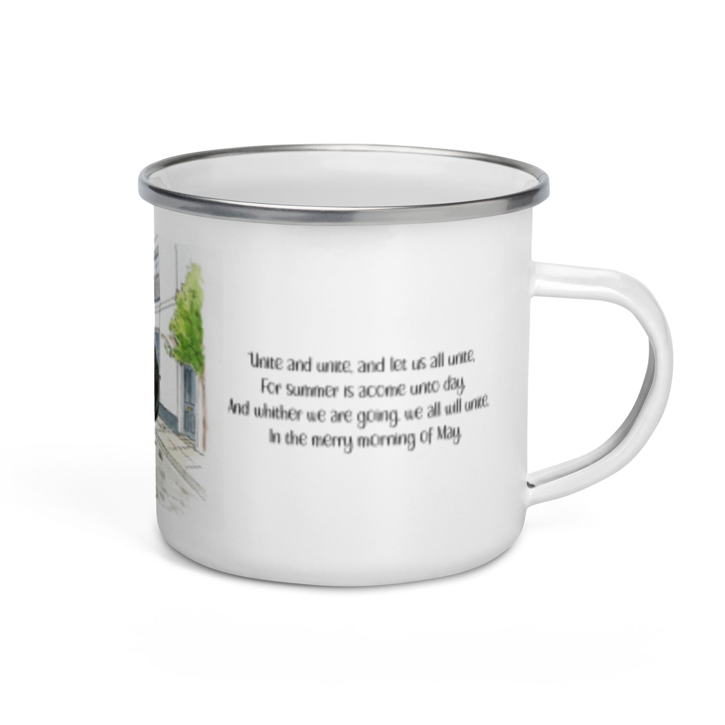 White enamel mug with Padstow Oss song verse