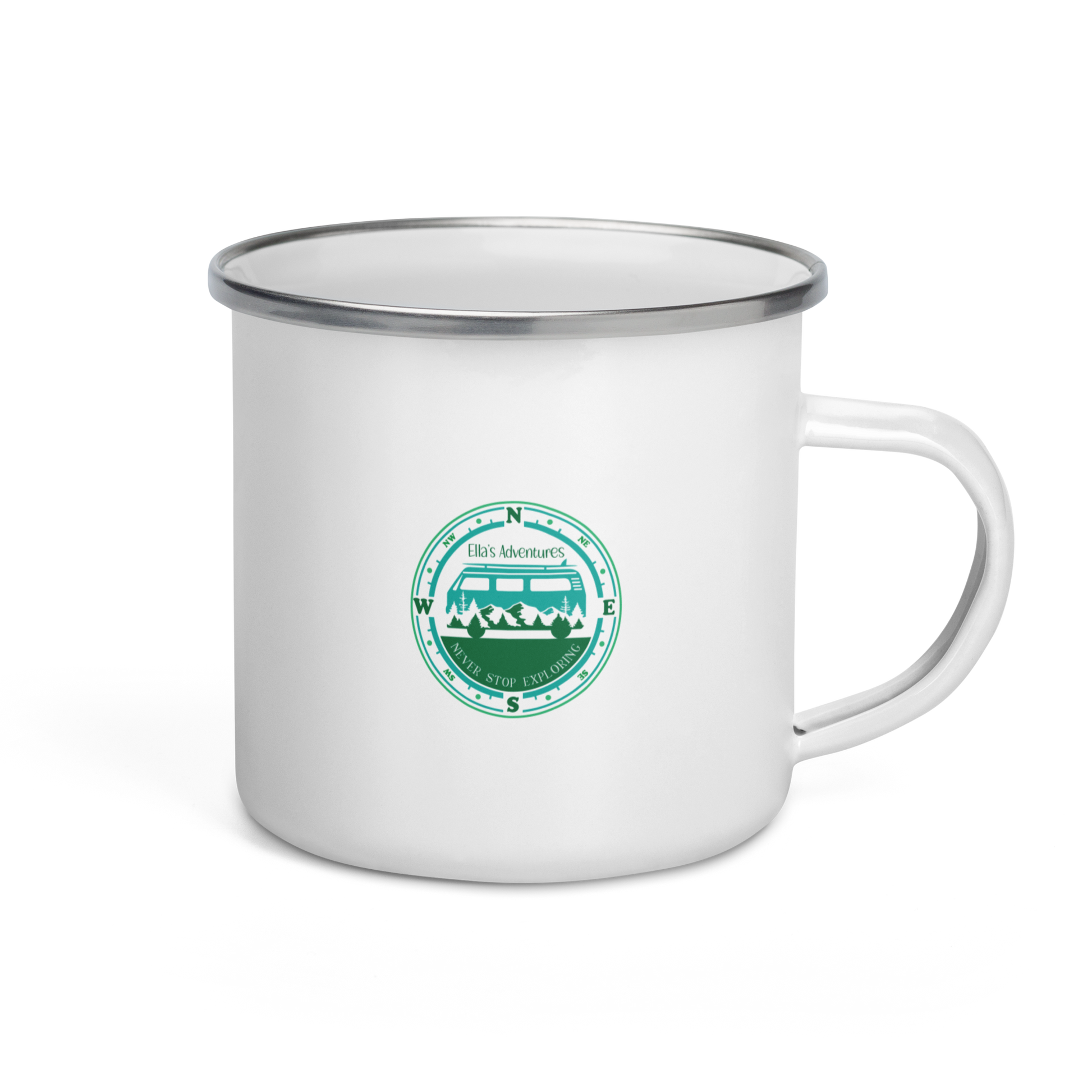White enamle mug with the left side showing teh Ellas Adventure logo in blue and green with campervan, trees and mountains and the phrase, never stop exploring