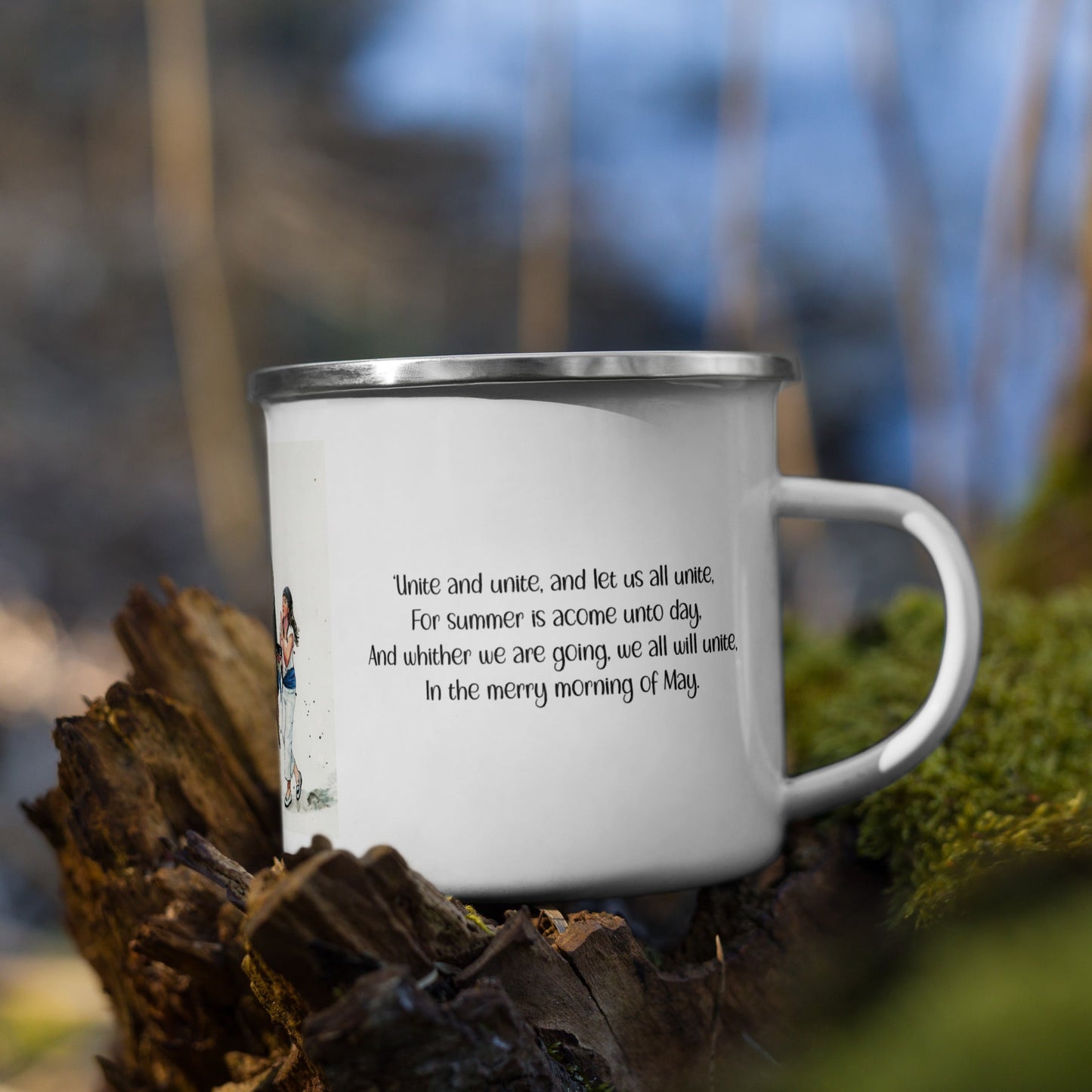 White mug with Padstow Oss song verse text  on a wooden log with a blurred natural background
