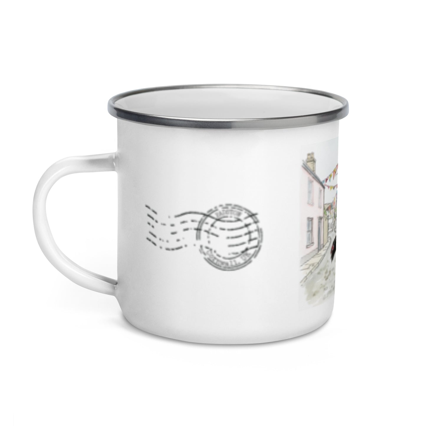 White enamel mug with Padstow postmark
