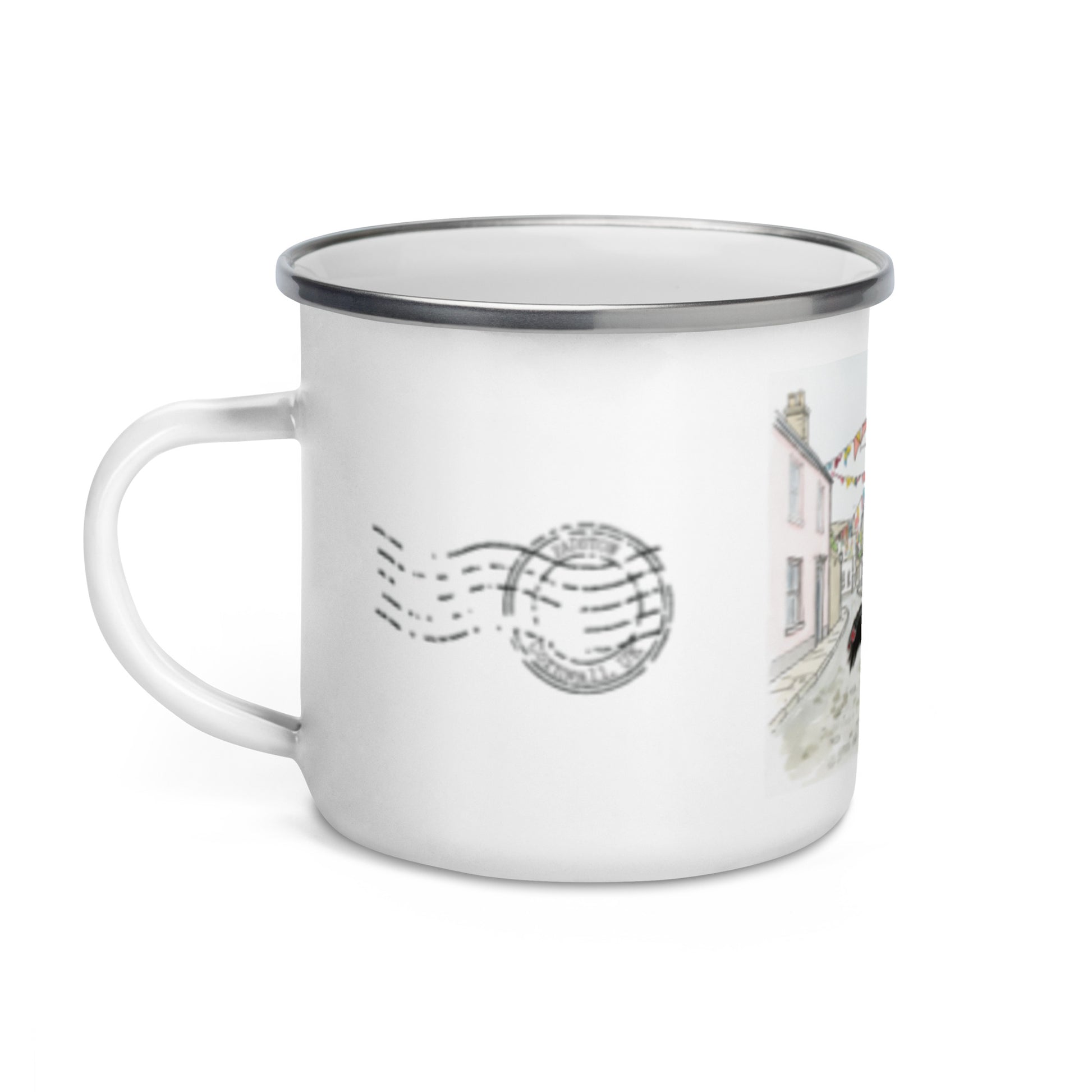 White enamel mug with Padstow postmark
