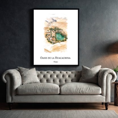 A framed art print of 'Oasis de La Huacachina' displayed on a dark textured wall above a gray tufted sofa in a modern living room setting with a wooden floor and a tripod floor lamp.